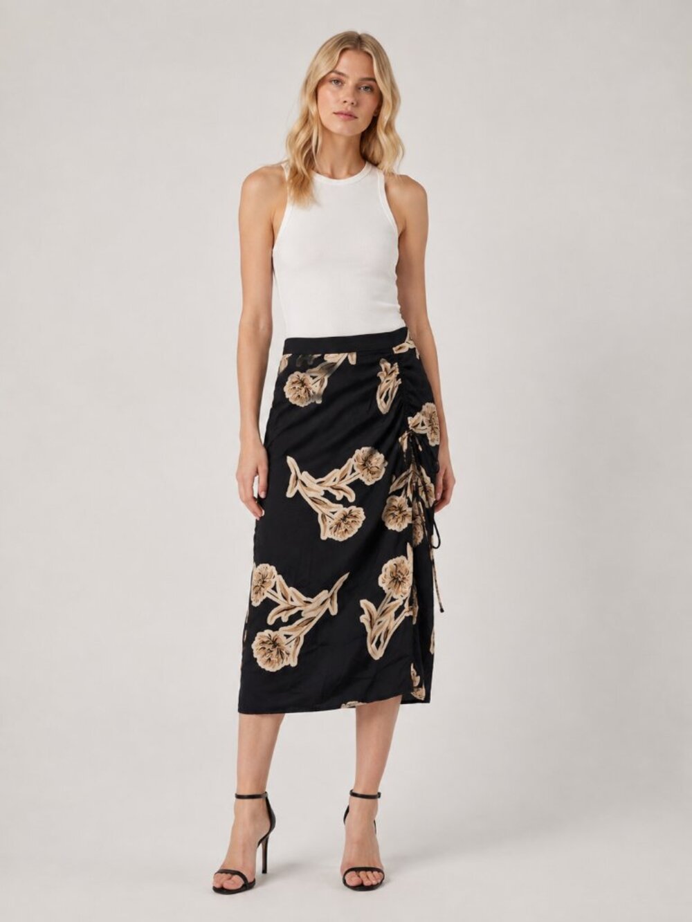 2/$30 Banana Republic Ruched Floral Satin Midi Wrap Skirt Black 16 #A4166